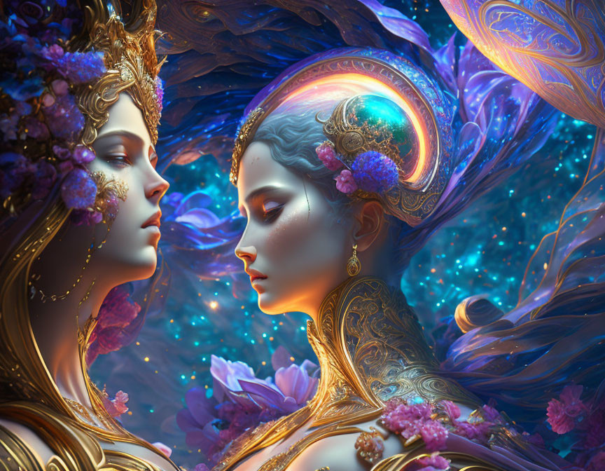 Ethereal figures with gold headdresses in celestial setting