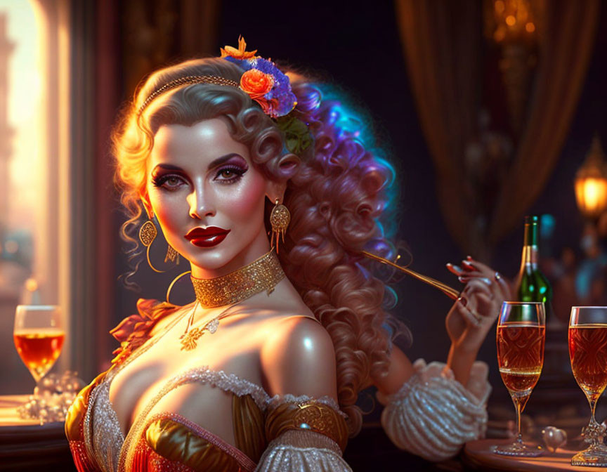Sophisticated woman with wavy hair and cigarette holder in luxurious setting