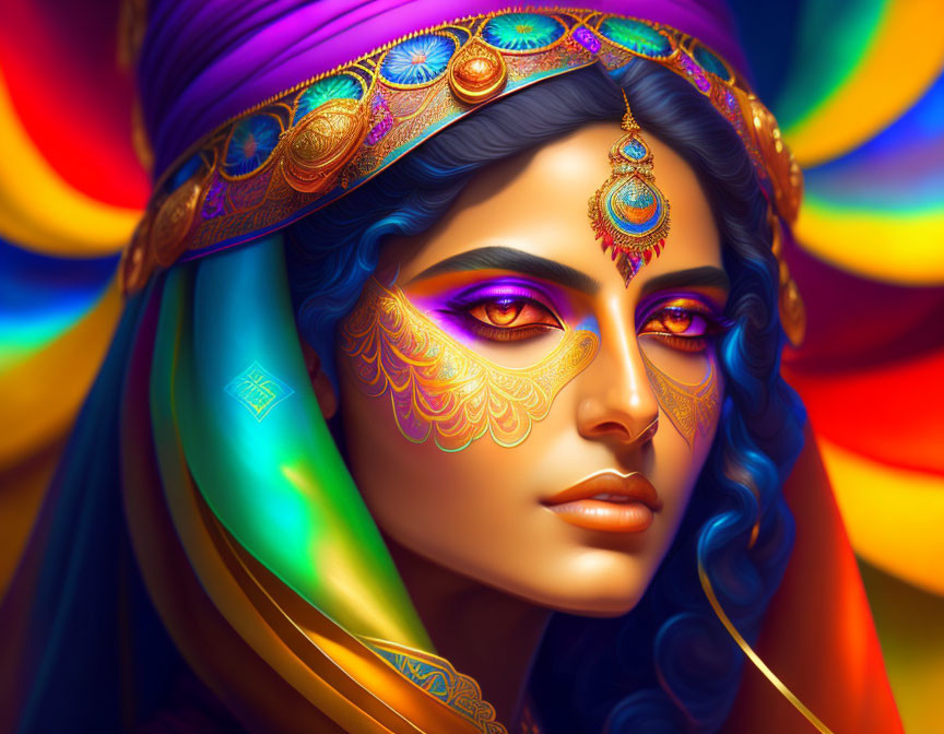 Colorful illustration: Woman with blue skin, golden facial tattoos, and ornate jewelry on warm background