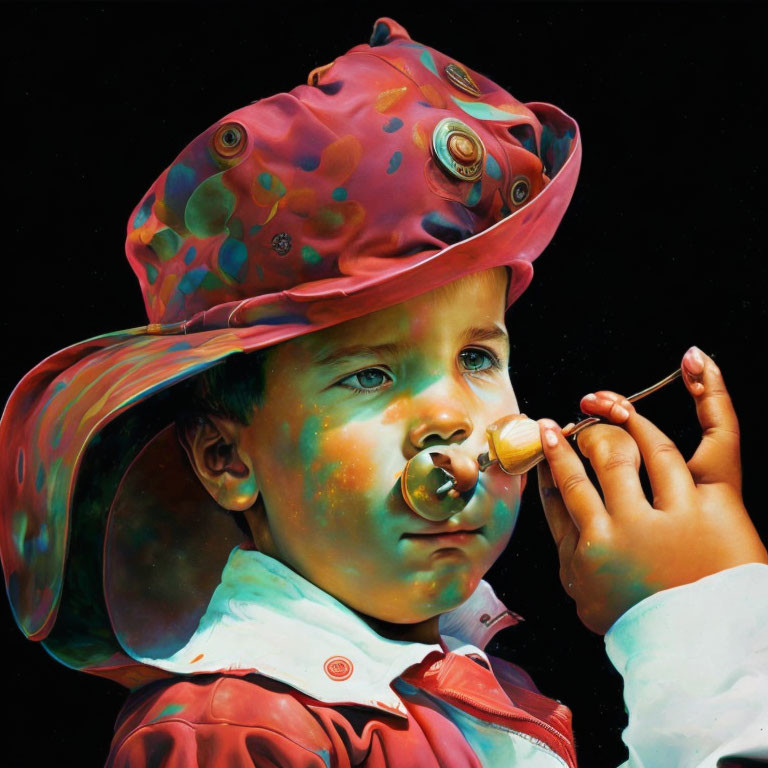 Colorful Paint-Splattered Boy with Paintbrush and Hat