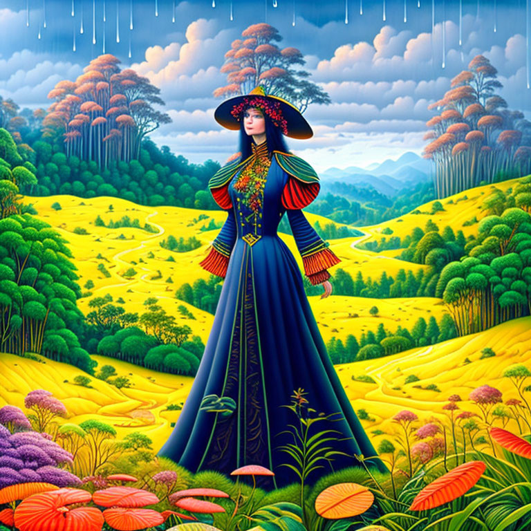 Colorful Stylized Woman in Traditional Dress Amid Dreamlike Landscape