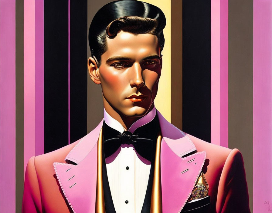 Stylized portrait of man in pink tuxedo with slicked hair