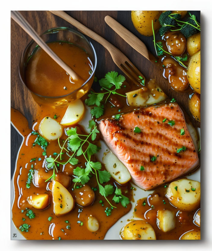 Grilled salmon fillet with glaze, baby potatoes, fresh herbs, honey, and sauce on