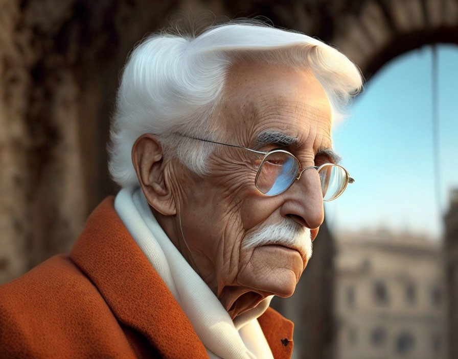 Elderly man in glasses and warm coat with white hair and mustache.