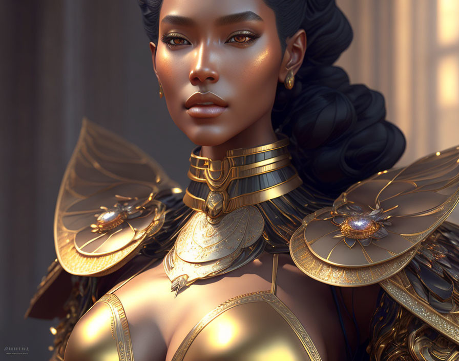 Golden armored woman with intricate jewelry in warm light