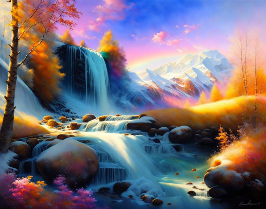 Colorful Autumn Landscape with Waterfall and Snow-Capped Mountains