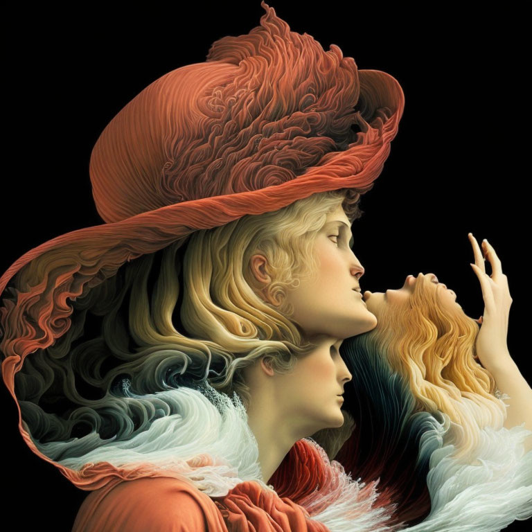 Three women with flowing hair and elaborate hats in warm tones against a black background.