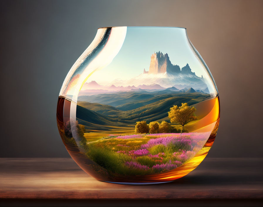 Glass bowl with surreal landscape: mountains, tree, purple flowers, dusk sky