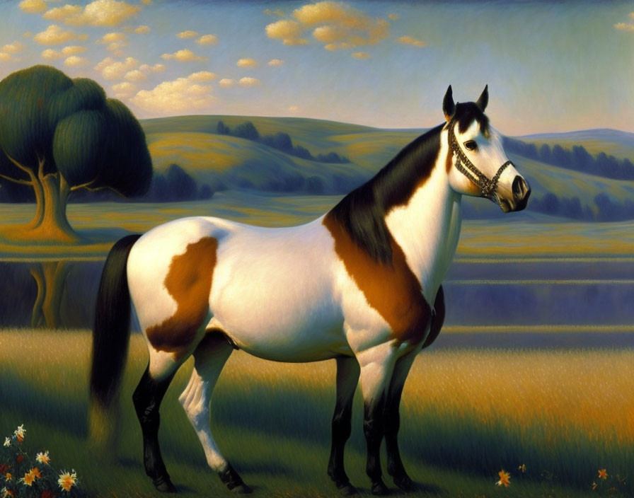 Piebald Horse in Pastoral Landscape with Rolling Hills