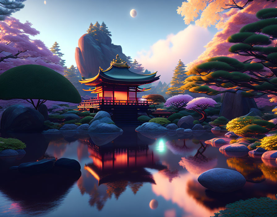 Japanese Garden Sunset: Pagoda, Reflective Pond, Cherry Blossoms, Mountains, Twilight Sky