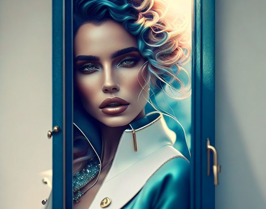 Vibrant blue and pink curly hair woman portrait with intense eyes peeking through door