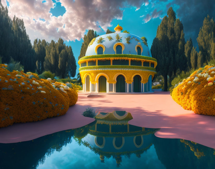 Ornate dome-shaped building with lush garden and reflecting pool