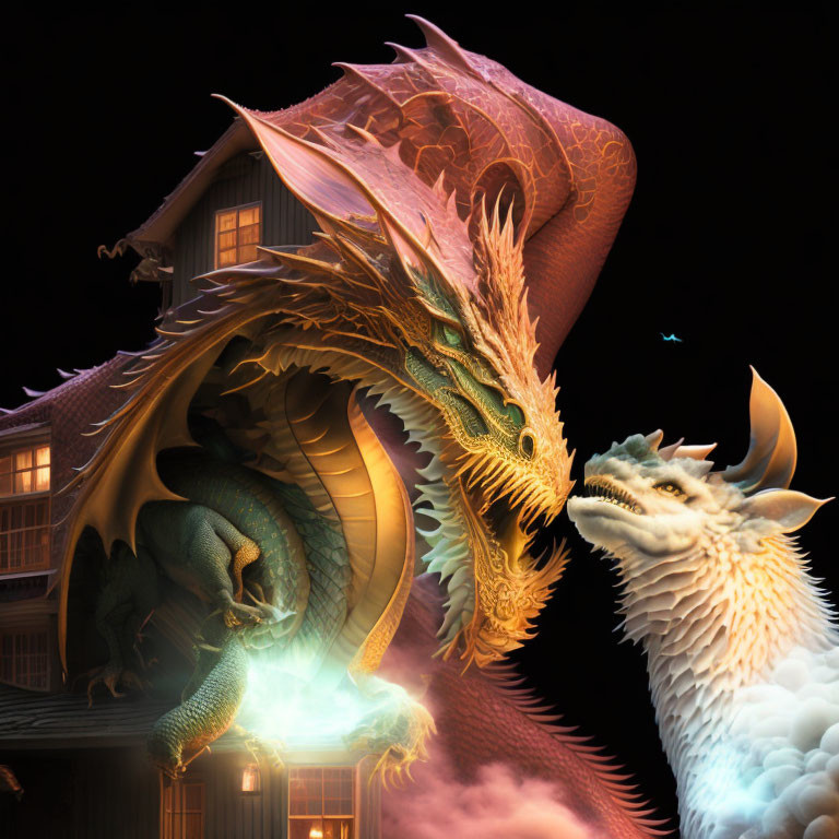 Golden and white dragons beside a wooden house in misty setting
