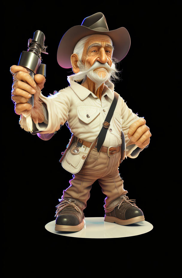 Elderly cowboy character with grey mustache holding sci-fi blaster gun