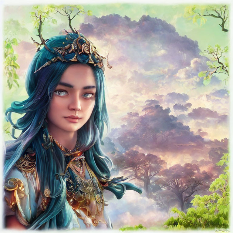 Female fantasy character with blue hair and crown in armor, set in mystical forest with purple clouds