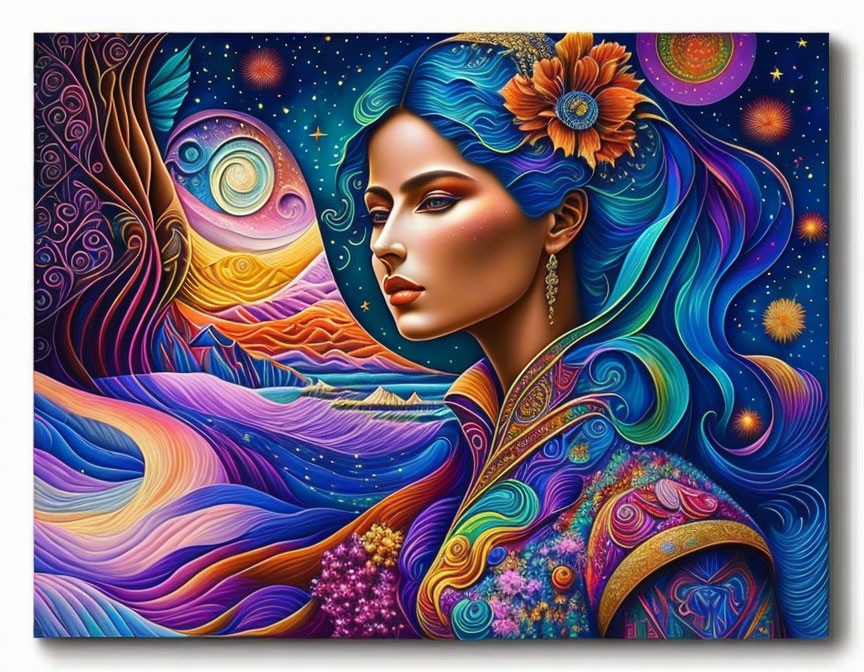 Colorful artwork of woman with blue hair in cosmic setting