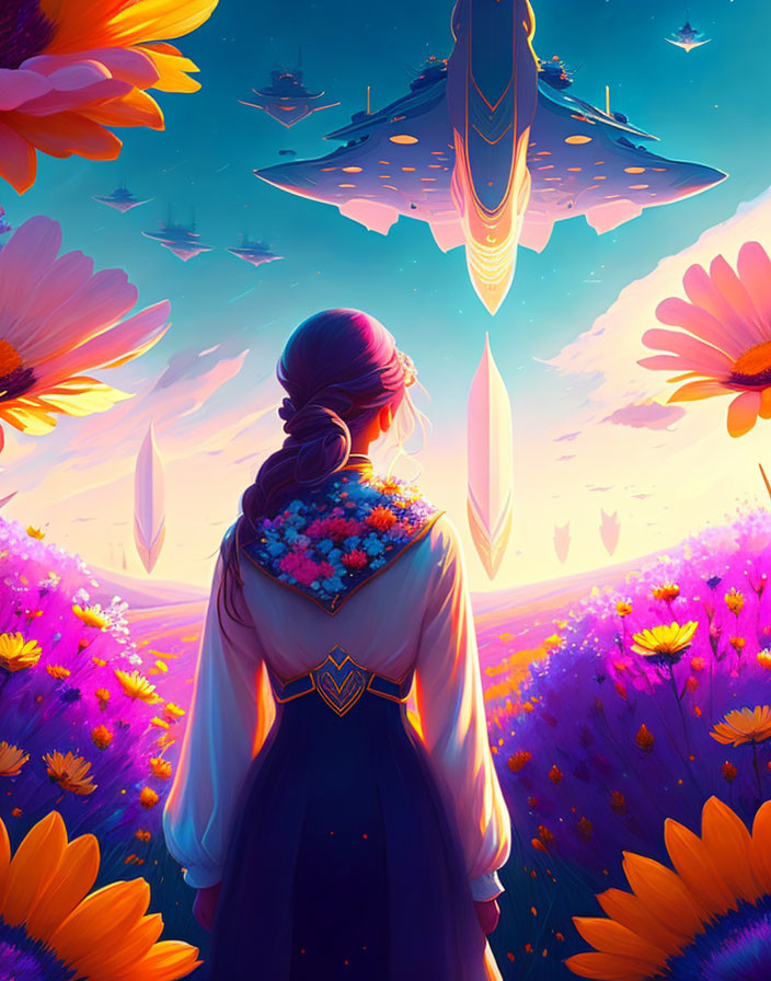 Woman with bouquet in vibrant flower field under futuristic sky