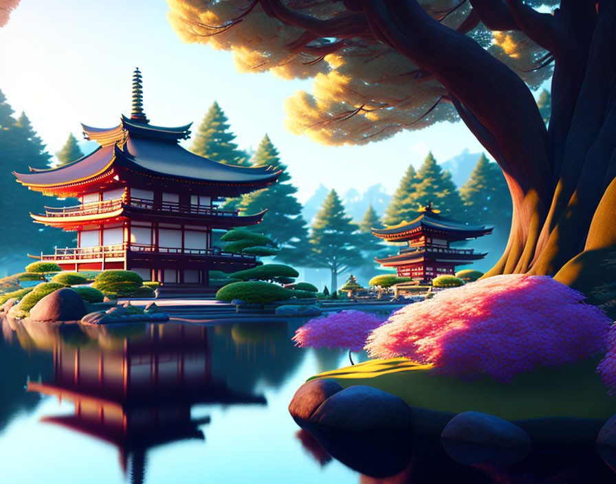 Japanese temple reflected in water with trees and hills in serene illustration