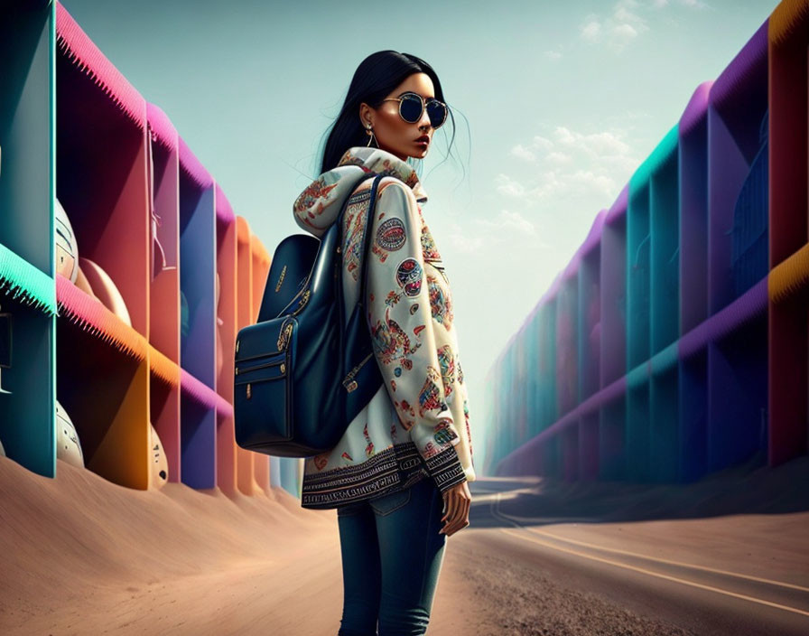 Fashionable woman in sunglasses with blue backpack in vibrant alley