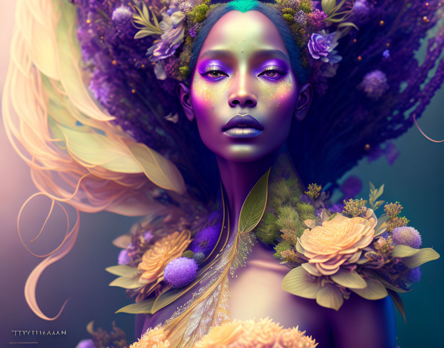 Vibrant purple skin portrait with floral headpiece and shoulder decoration