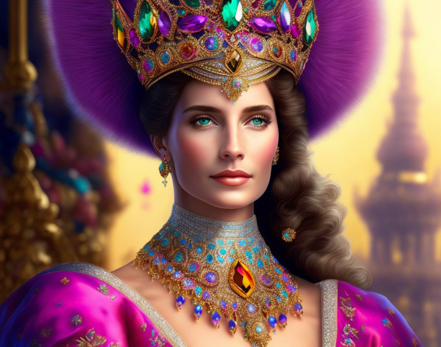 Digital portrait of woman in regal attire with gem-encrusted crown and castle backdrop