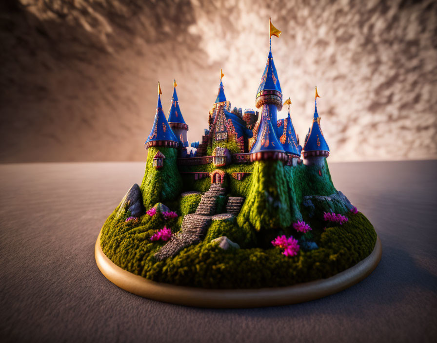 Miniature fantasy castle with blue rooftops on grassy hill under dramatic sky.