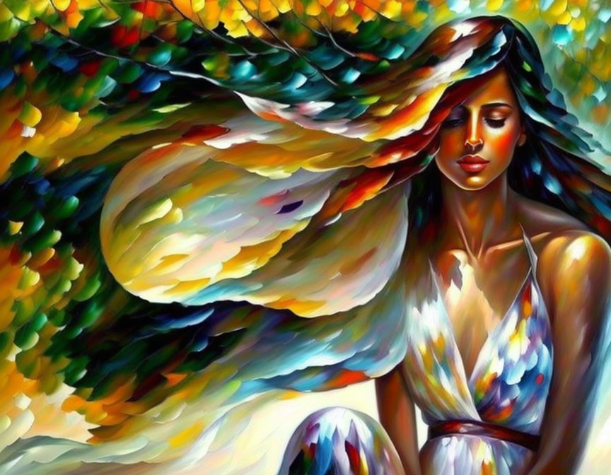 Colorful painting: Woman with flowing hair and dress merging with abstract leaf-like patterns