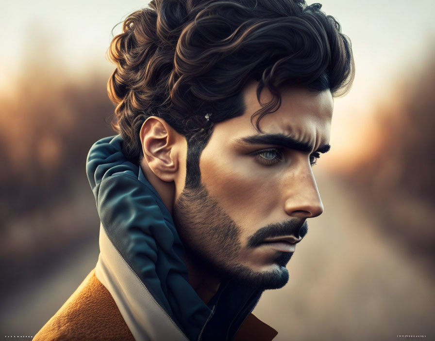 Man with Curly Hair and Beard in Jacket, Intense Gaze, Autumnal Background