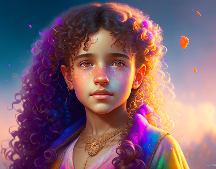 Young girl with curly hair and iridescent shawl in digital art