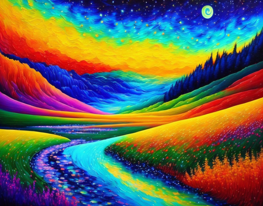 Colorful landscape painting with rainbow river under starry night sky