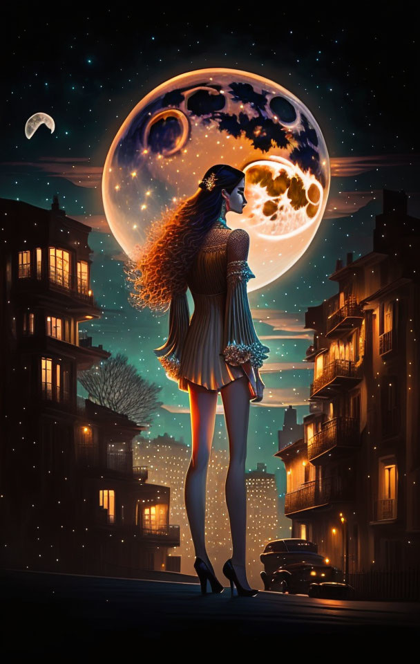 Urban night scene: woman under detailed moon with streetlights