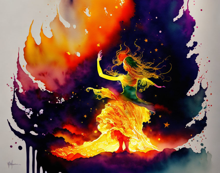 Colorful Watercolor Illustration of Woman Merging with Cosmic Backdrop