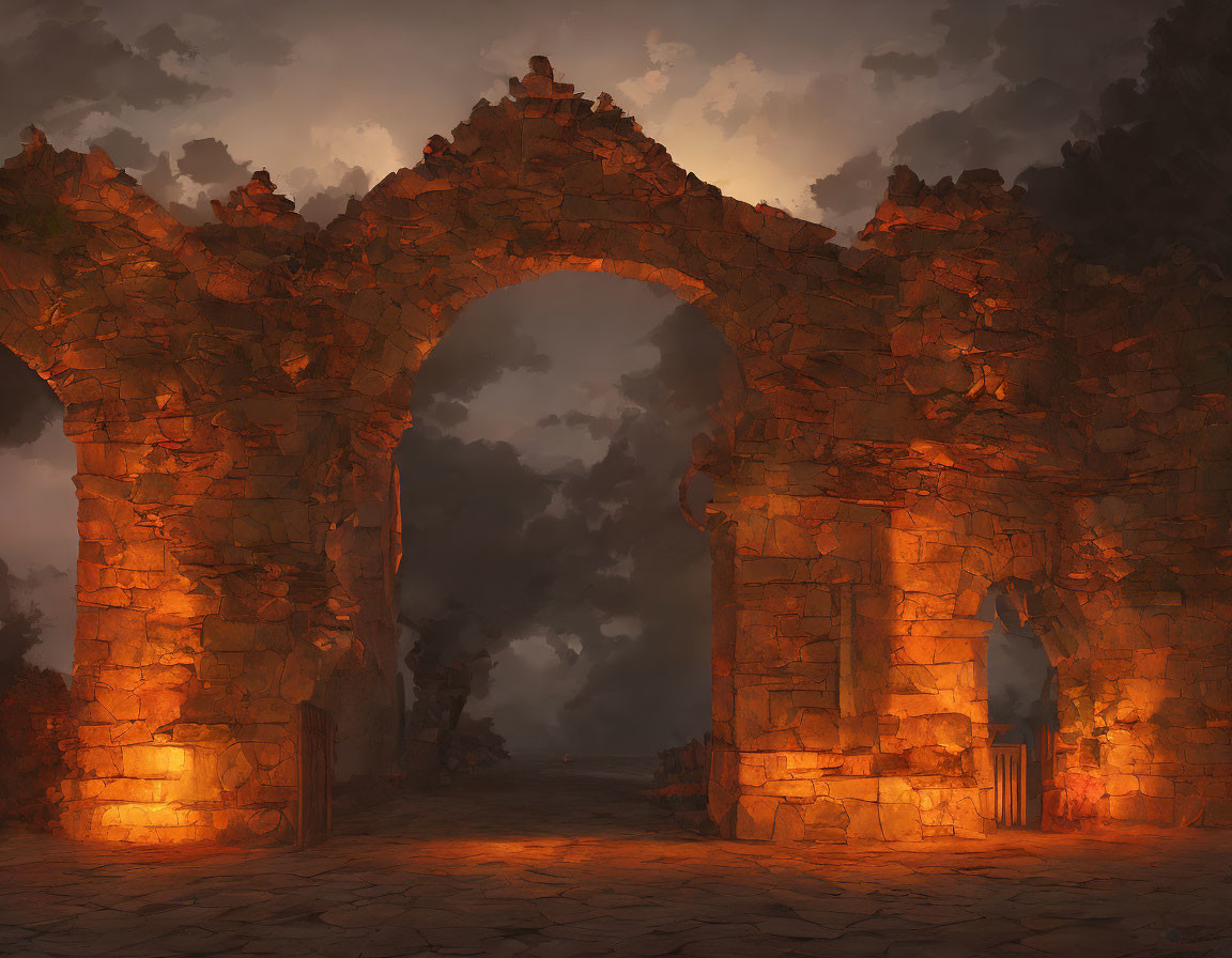 Ruined Stone Archway in Warm Light Against Moody Dusk Sky