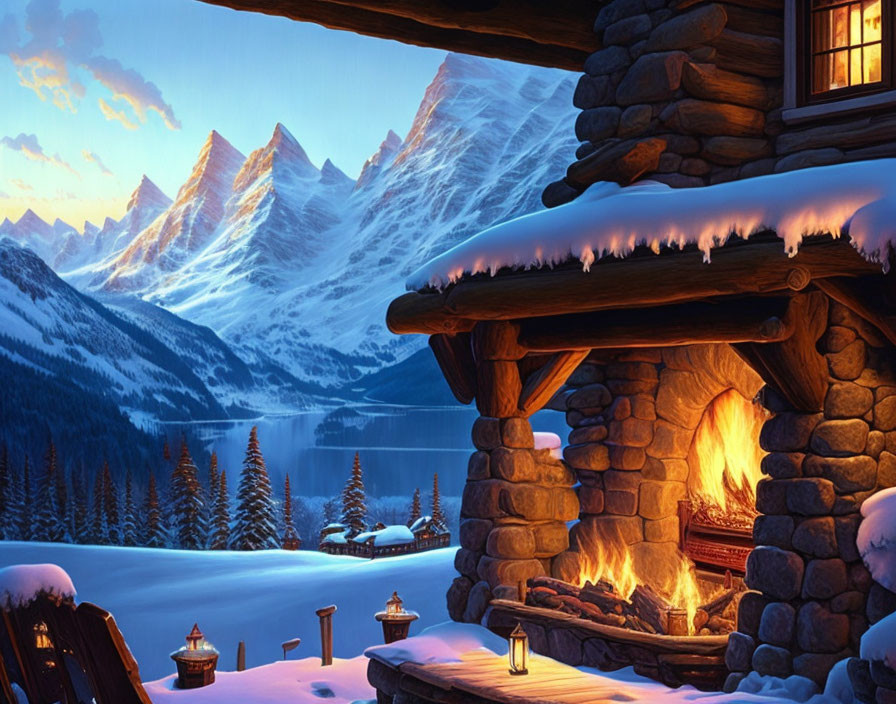 Snowy mountain cabin with fireplace and lake view at twilight