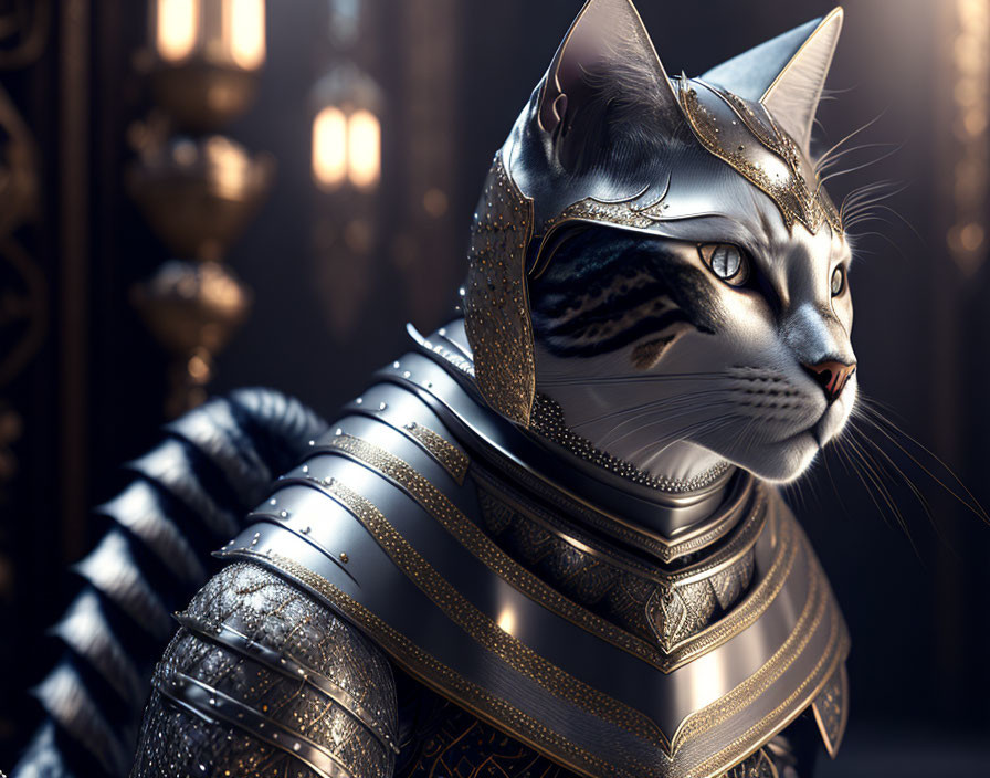 Regal cat in medieval knight's armor with gold accents in soft lighting