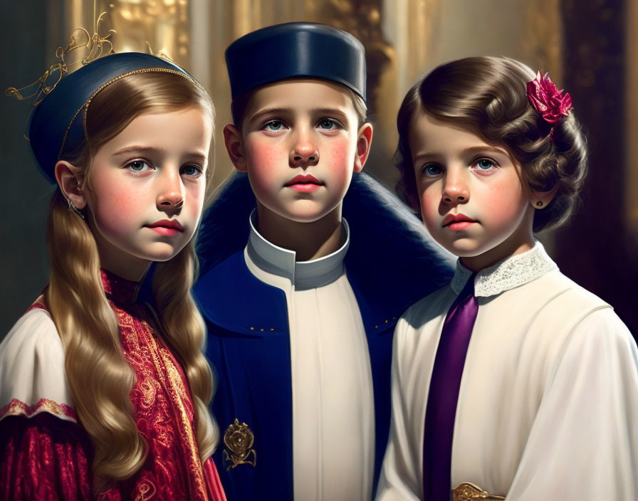 Vintage Attire: Three Children in Dresses and Uniform Posed with Ornate Background