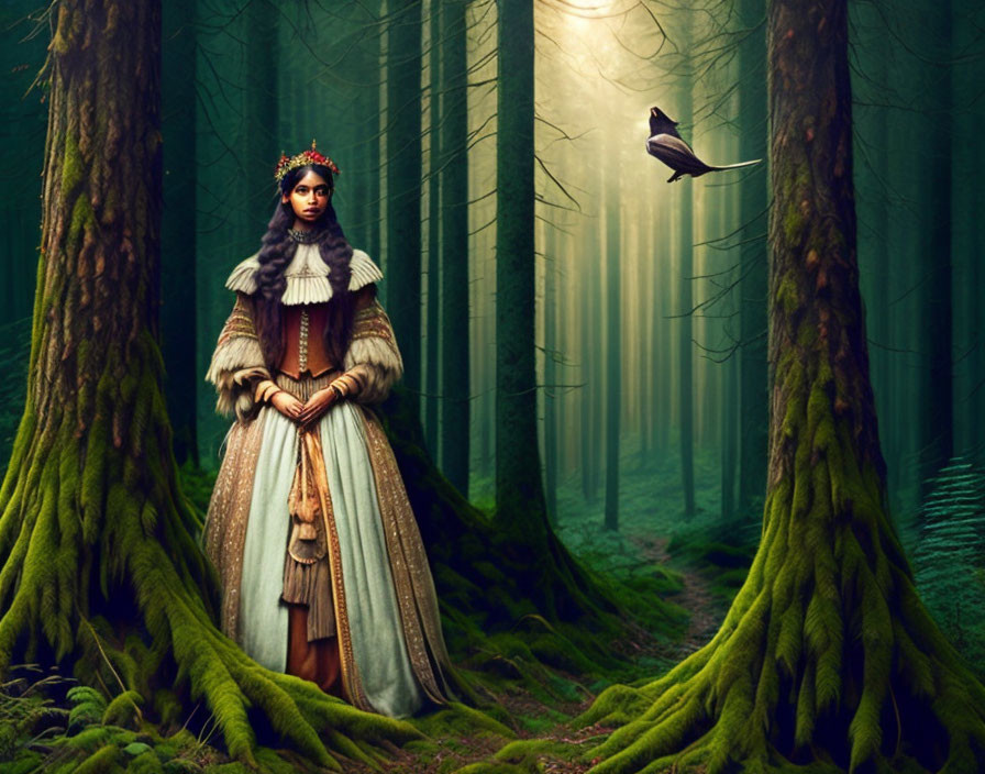 Woman in historical attire in mystical forest with tall trees and flying bird