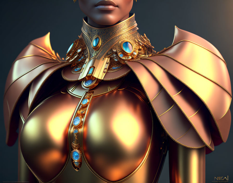 Detailed 3D Render: Character in Golden Armor with Blue Gems & Ornate Collar