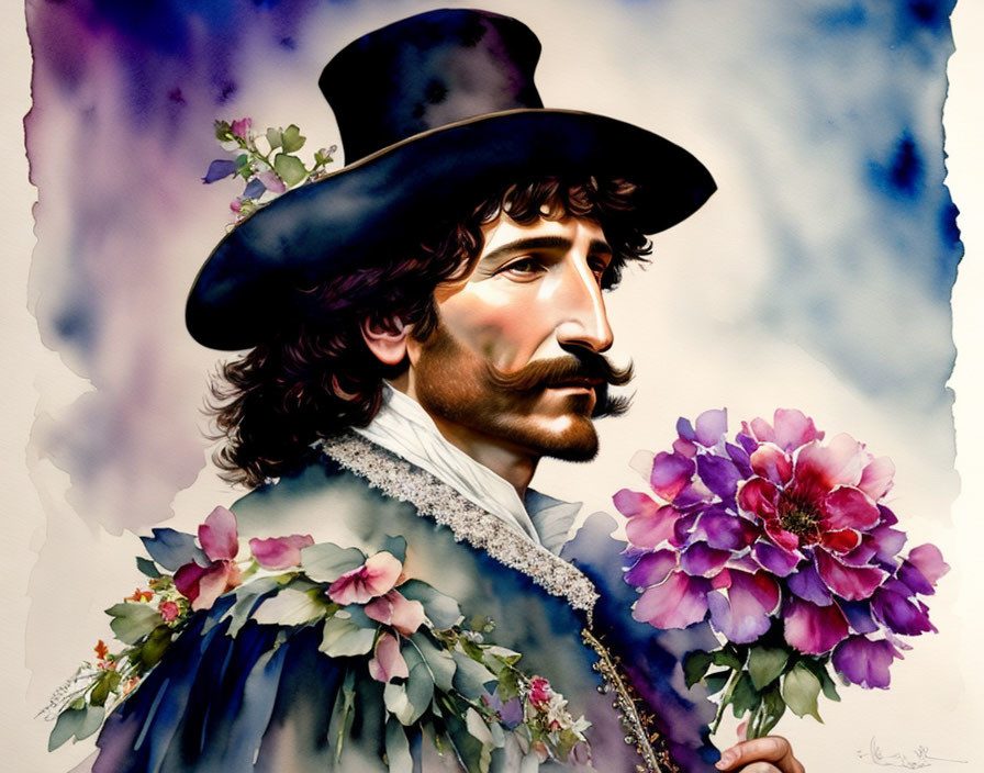 Stylish man with mustache in wide-brimmed hat and floral jacket against watercolor backdrop