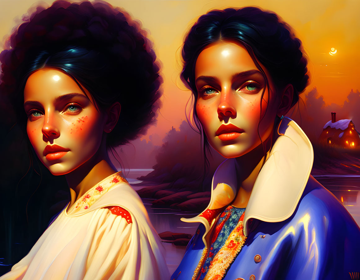 Twin women digital artwork with dark hair and blue eyes in contrasting outfits against dusk backdrop