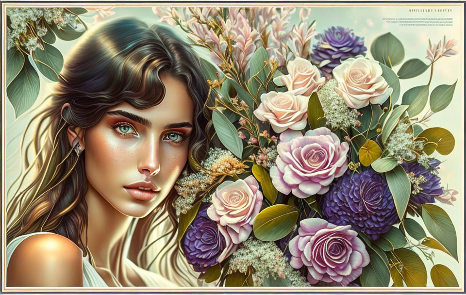Illustrated portrait of woman with blue eyes and dark hair in floral bouquet.