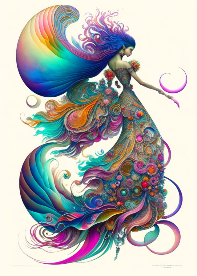 Vibrant woman illustration with flowing hair and swirling dress