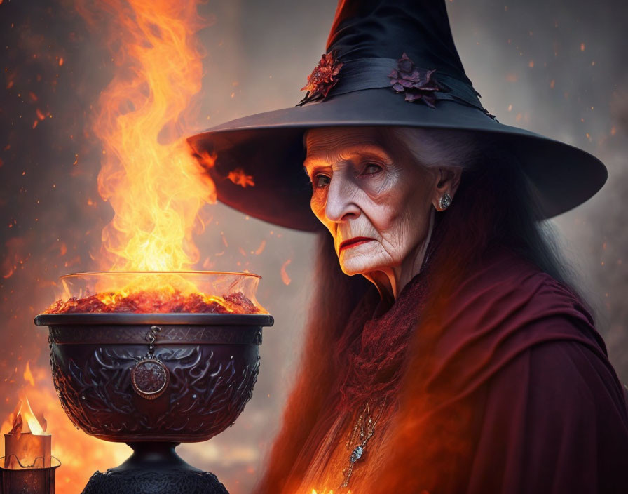 Elderly Woman in Witch Costume with Cauldron and Mystical Background