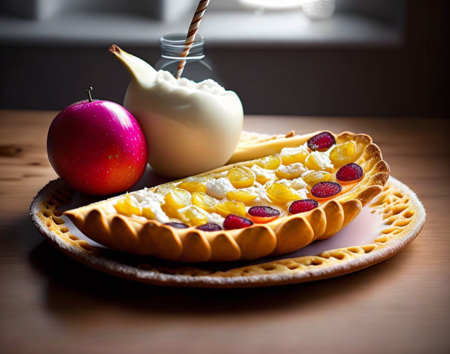 Fresh Fruit-filled Crepe with Powdered Sugar & Whipped Cream Drink