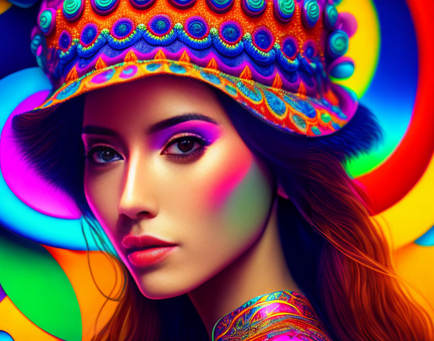 Colorful Makeup Woman in Vibrant Hat on Psychedelic Background