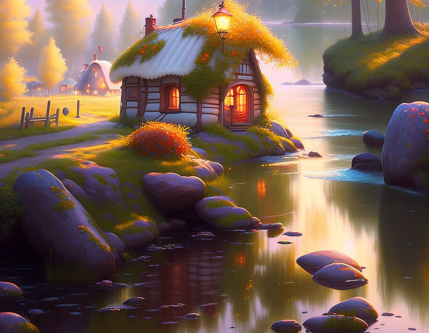 Thatched Roof Cottage by Tranquil River at Sunset