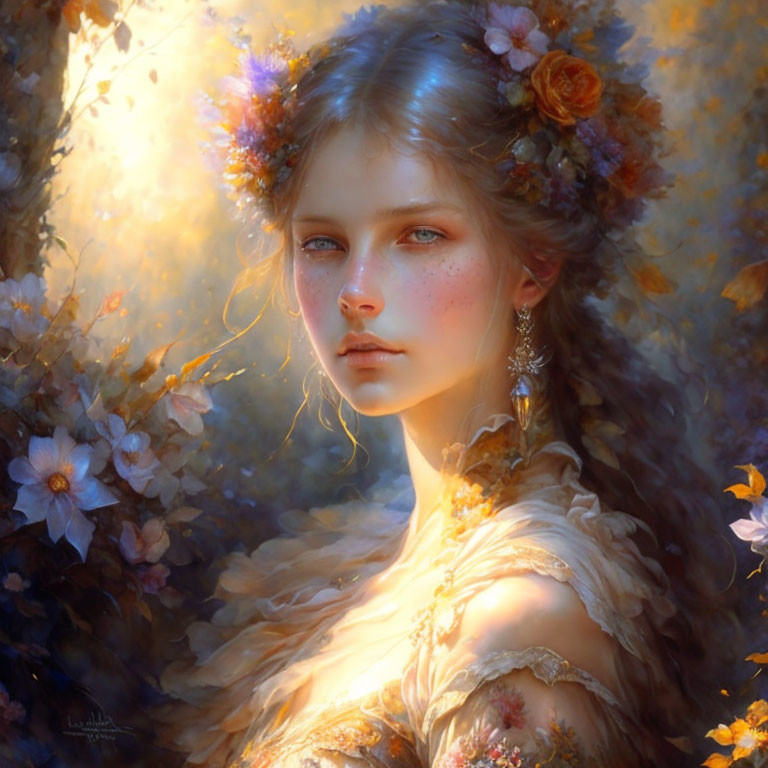 Woman Portrait with Floral Crown and Soft Light Glow