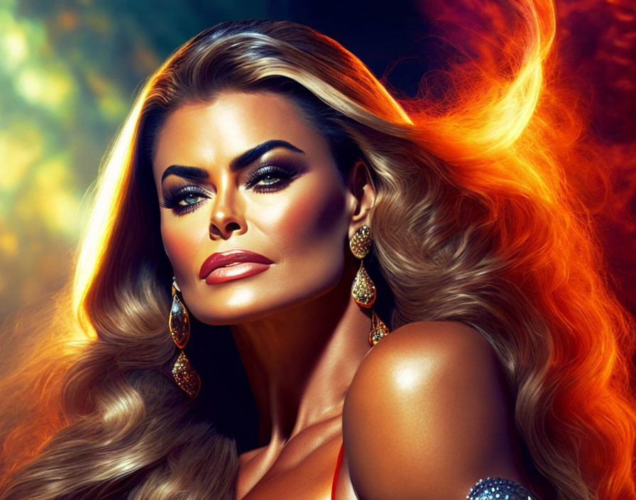 Voluminous wavy hair and striking makeup with fiery background.