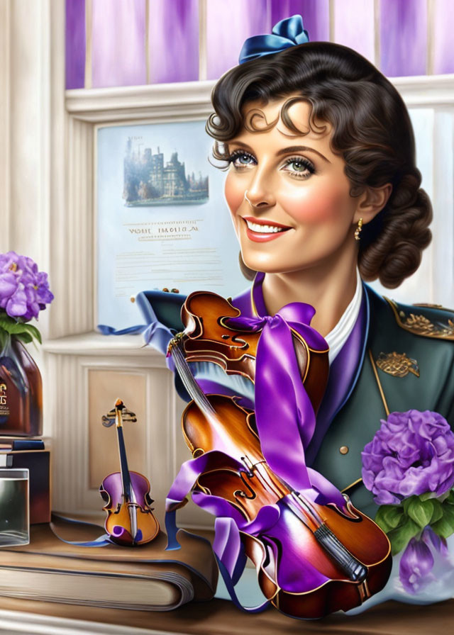 Smiling woman in vintage blue uniform with violin and "Vogue" magazine.