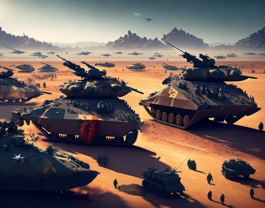 Futuristic tanks and soldiers in desert landscape with mountains